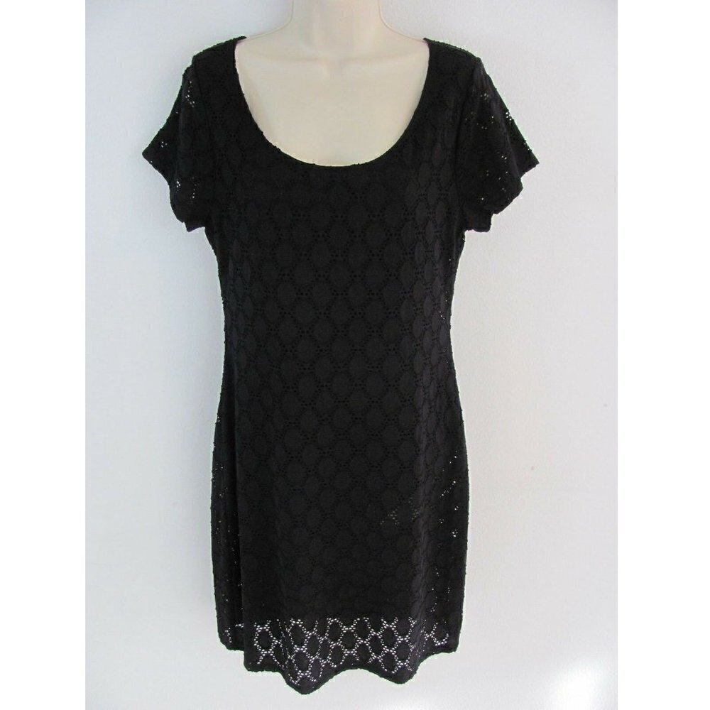Isaac Mizrahi Sheath Dress Size L Lace Overlay Lined Short Sleeve Black